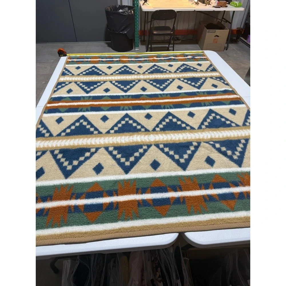 Southwestern Aztec Sherpa Fleece Blanket Navy Tan Orange‎ Geometric Throw 69x52
